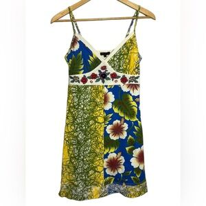 Kessley Womens Y2K Mixed Media Empire Waist Embroidered V Neck Dress Floral Lace